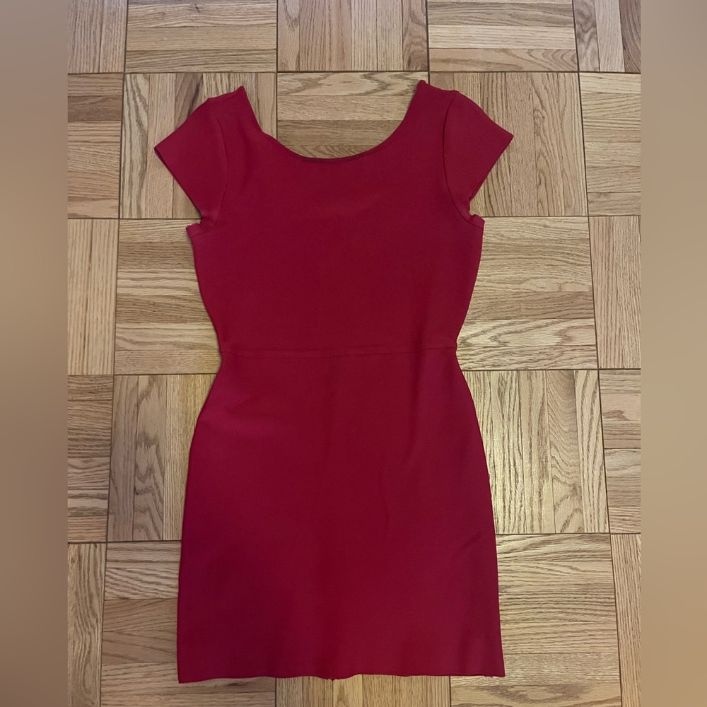BCBG Cherry Red Ribbed/Bandage Mini Dress with High Neck and Low Back